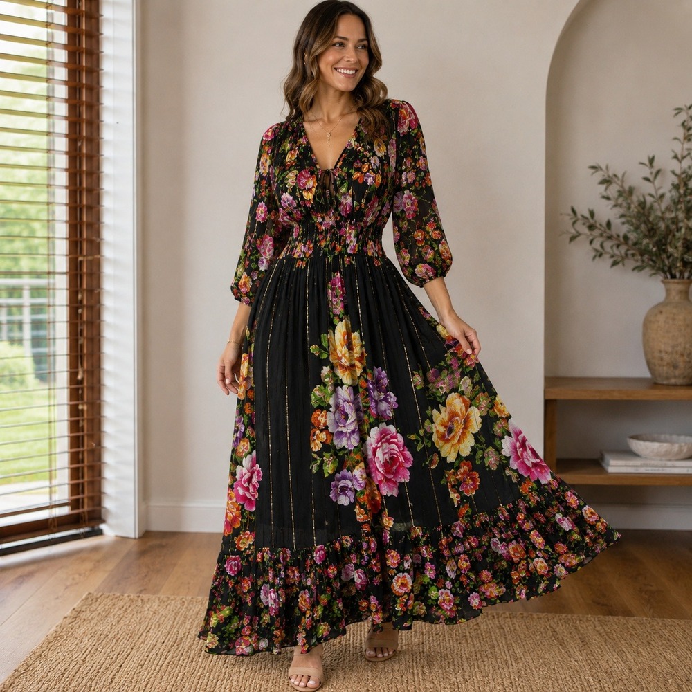 Anthropologie Me 2 Magic Floral Metallic Gold Boho Maxi Dress Size M